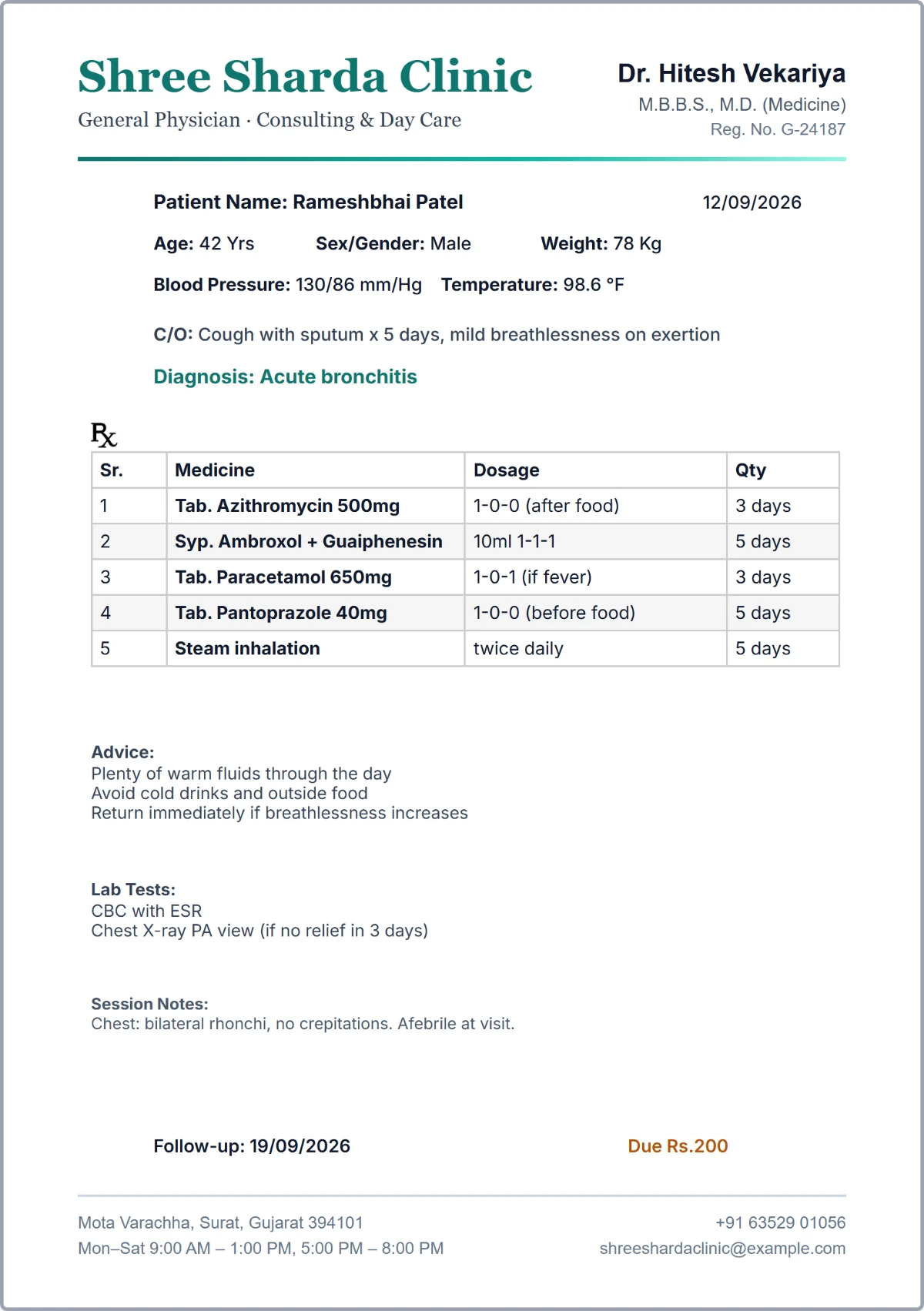 An A5 prescription printed on a clinic letterhead: patient name, age, sex and weight across the top with blood pressure and temperature beneath, then the complaint and diagnosis, a numbered medicine table with dosage and duration, and advice, lab tests, session notes and a follow-up date underneath.